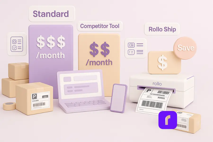 A 3D-rendered digital illustration comparing monthly shipping label costs across three services: Standard Rates, Competitor Tool, and Rollo Ship. The scene features pastel-colored price blocks labeled with dollar signs ($$$, $$, $), a Rollo Wireless Printer printing a UPS label, stacked shipping boxes, a laptop, and a mobile device. A "Save" badge emphasizes Rollo Ship's affordability in a clean, modern workspace.