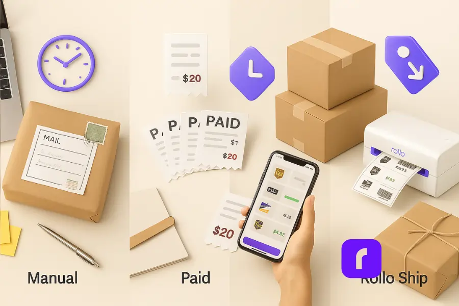 This photorealistic comparison image illustrates three eCommerce shipping workflows—Manual, Paid, and Rollo Ship—side by side on a clean, minimalist surface. The left section shows a cluttered manual setup with a kraft-wrapped package, handwritten label, sticky notes, and a clock icon to suggest time loss. The middle section represents a paid shipping platform, featuring stacked receipts with varying label fees and a phone showing higher shipping rates. The right section highlights Rollo Ship’s streamlined workflow with a Rollo Wireless Printer actively printing labels, a smartphone displaying discounted carrier rates, and neatly stacked parcels ready to ship. The overall composition conveys how small business owners can save both time and money by switching to Rollo Ship.