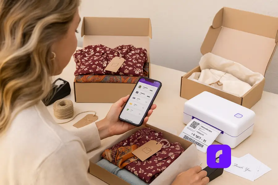 A photorealistic image of a woman running a small vintage clothing business from a light, modern workspace. She holds a smartphone displaying the Rollo Ship app with shipping rate comparisons. Around her are open cardboard boxes filled with neatly folded vintage clothing, including floral blouses and denim, each with boutique-style hang tags. A Rollo Wireless Printer sits on the table actively printing a shipping label. Nearby are packaging tools like twine, a tape dispenser, and thank-you cards, all set against a neutral background with soft, natural lighting that conveys warmth, efficiency, and professionalism.