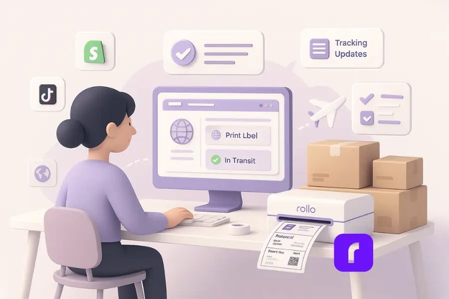 A clean, pastel-colored 3D illustration of a solo eCommerce seller managing international orders with Rollo Ship. The character sits at a minimalist desk featuring a Rollo Wireless Printer, stacked thermal labels, and packed boxes. Floating UI panels show one-click label printing, customs form automation, real-time tracking, and integrations with platforms like Shopify and TikTok Shop. A soft globe icon and customs stamp add to the visual theme of international shipping.