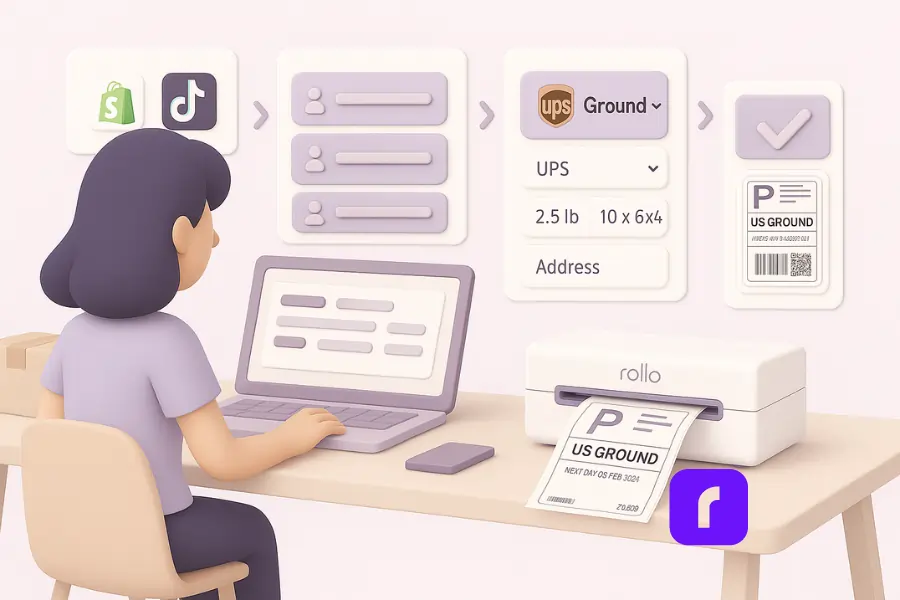 A clean 3D illustration showing a woman at a pastel-toned desk using Rollo Ship to create a UPS shipping label in five steps. Floating UI panels above her illustrate the workflow: connecting sales channels like Shopify and TikTok Shop, importing orders, selecting UPS services, entering package details, and printing a 4×6 UPS Ground label with a Rollo Wireless Printer.