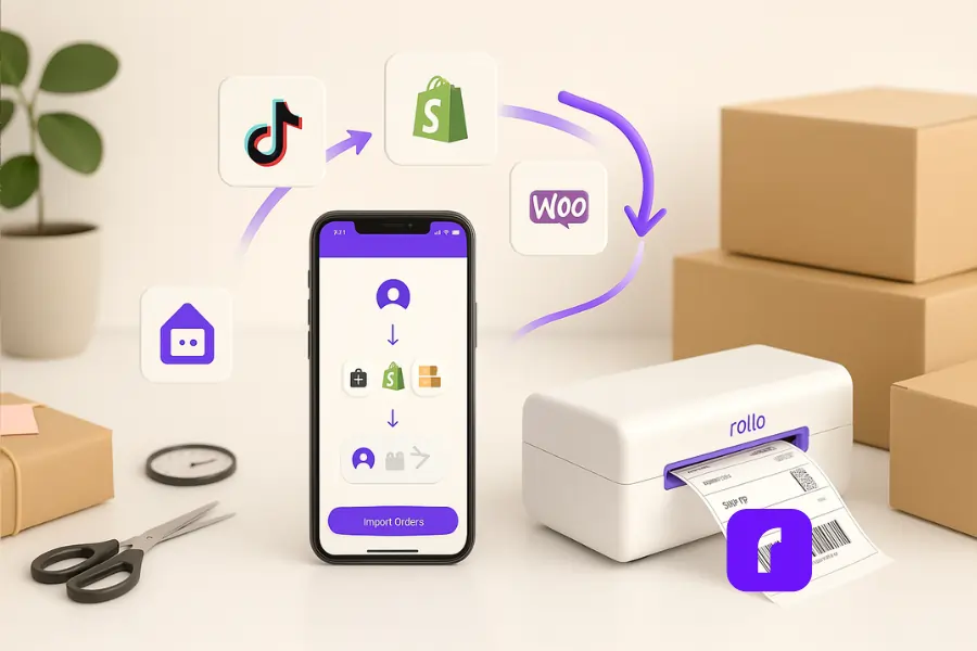 A photorealistic image of a clean and modern workspace illustrating the onboarding journey with Rollo Ship. In the center, a smartphone displays the Rollo Ship app interface, showing visual steps for connecting stores and importing orders. Surrounding the phone are floating platform icons, including TikTok Shop, Shopify, and WooCommerce, connected by curved arrows to suggest seamless integration. On the right, a Rollo Wireless Printer actively prints a shipping label next to neatly stacked cardboard boxes. Scissors, a clock, and a potted plant add natural texture and calm to the setting, emphasizing how easy it is for small business owners to get started in just a few clicks.