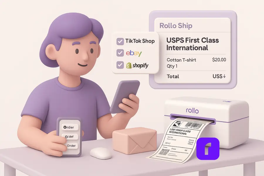 A minimalist 3D illustration of a young online seller using Rollo Ship to print USPS First Class International labels from a clean, organized home workspace. The scene features a wireless thermal printer, floating shipping dashboard panels, and pastel-colored packaging materials—conveying fast, efficient international order fulfillment.