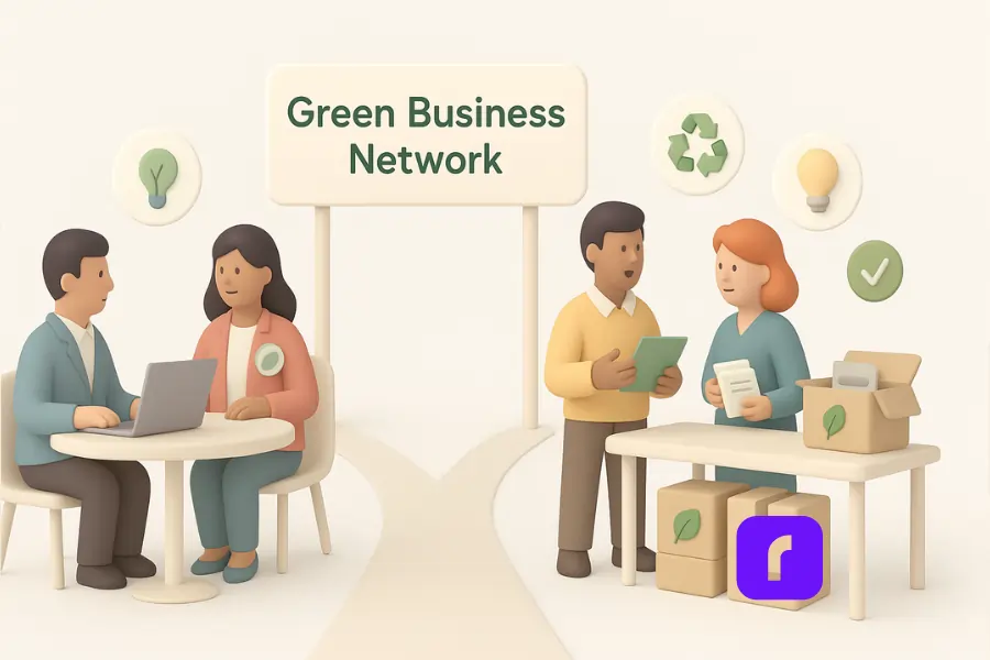 Minimalist 3D illustration of a local green business networking event. Four stylized business owners interact at two tables—one group discussing over a laptop, the other reviewing eco-packaging samples and brochures. A large sign reads “Green Business Network,” surrounded by icons for recycling, energy efficiency, and sustainability. The clean layout and soft pastel colors emphasize collaboration, peer support, and eco-conscious innovation.