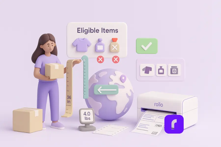 3D illustration of a woman comparing a small shipping box to a measuring tape marked “36 in” and a digital scale reading “4.0 lbs” to check USPS First Class Package International limits. Surrounding elements include a Rollo Wireless Printer printing a CN22 label, a floating “Eligible Items” panel with icons (✅ folded shirt, ❌ perfume, ❌ lithium battery), a stylized globe with location pins, and soft UI panels displaying weight, size, and eligibility indicators. Rendered in a minimalist pastel color palette with clean, rounded shapes and balanced composition.