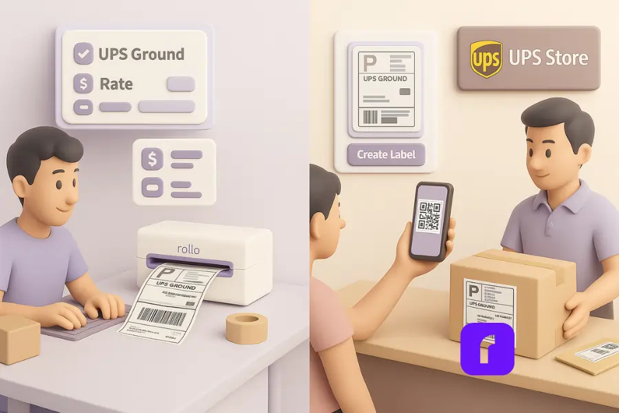 A 3D-rendered digital illustration split into two scenes showing how to print UPS labels with Rollo Ship. On the left, a seller prints a 4×6 UPS Ground label at home using a Rollo Wireless Printer. On the right, a customer at a UPS Store counter shows a QR code on their phone while a staff member hands over a package with a printed UPS label. Floating UI elements display shipping rates, service options, and a “Create Label” button, all set in soft pastel tones.