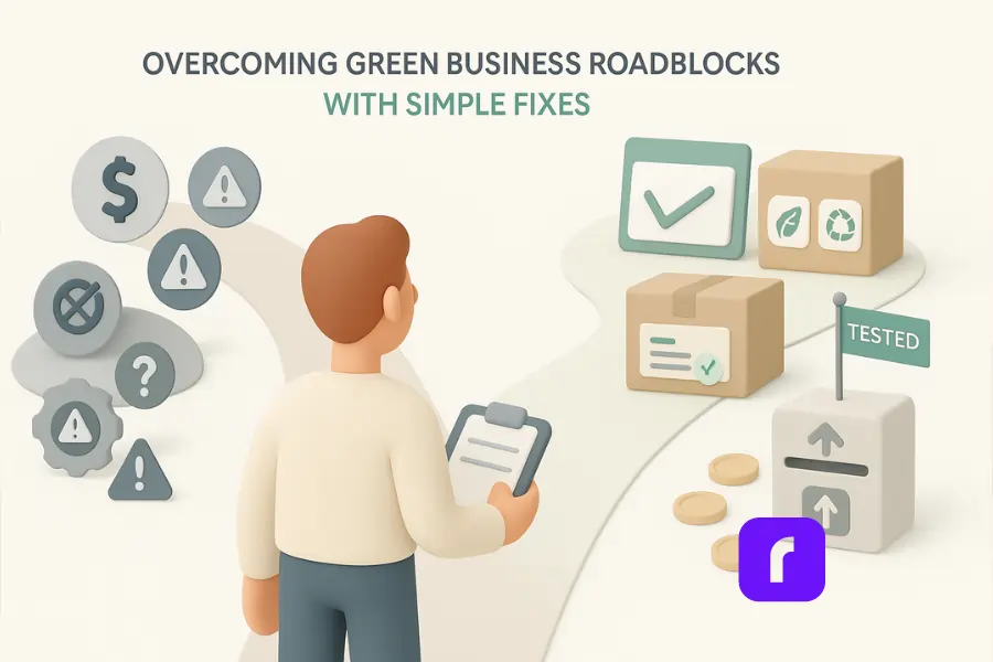 Minimalist 3D illustration of a small business owner standing at a fork in the road. The left path displays gray icons representing green business challenges—cost, compatibility, and scaling issues—while the right path features pastel icons symbolizing solutions: a rebate check, eco-labeled packaging boxes, and a return station marked “Tested.” A hopeful, clean layout emphasizes overcoming sustainability roadblocks with simple, practical fixes.