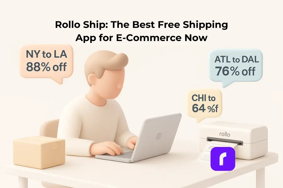 3D illustration of an online seller using a laptop at a minimalist desk with a Rollo Wireless Printer printing a shipping label. Floating pastel tags show discounted shipping rates—“NY to LA 88% off,” “ATL to DAL 76% off,” and “CHI to DEN 64% off.” The title “Rollo Ship: The Best Free Shipping App for E‑Commerce Now” appears above, with the Rollo logo in the bottom right.