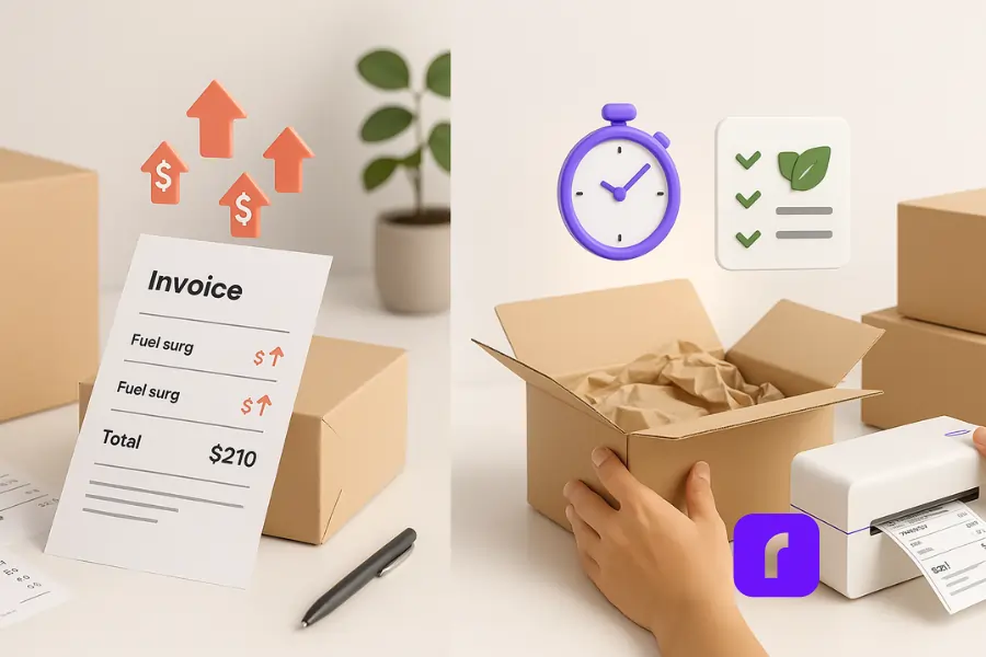 A split photorealistic image visualizing the challenges of modern eCommerce shipping. On the left, a cardboard box and invoice show rising costs with fuel surcharge line items and upward-pointing red dollar icons. On the right, a customer opens an eco-friendly package filled with recyclable padding, next to a Rollo wireless label printer printing a shipping label. Floating icons include a purple stopwatch and a green eco-checklist, symbolizing fast and sustainable delivery expectations. The scene is set against a clean, softly lit background with a minimalist, modern aesthetic.