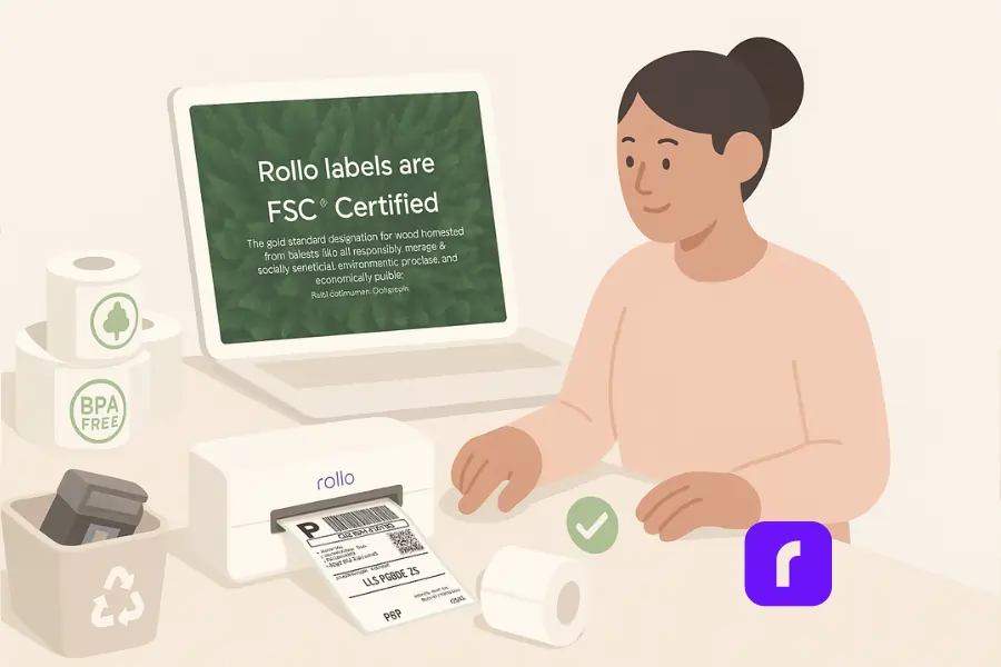 Minimalist 3D illustration showing a woman at a shipping station using a Rollo wireless thermal printer. A laptop on the desk displays an aerial forest image with white text that reads: “Rollo labels are FSC® Certified. The gold standard designation for wood harvested from forests that are responsibly managed, socially beneficial, environmentally conscious, and economically viable. Rollo Certification: FSC-N003774.” Nearby are BPA-free label rolls, a recycling bin with a discarded ink cartridge, and a floating green checkmark.