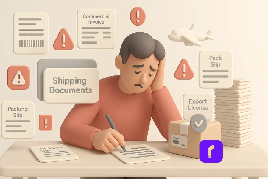 A 3D digital illustration in a minimalist style shows a small business owner sitting at a desk, overwhelmed by shipping documents. The character, with a worried expression, manually copies information from one document to another. Floating around are document icons labeled Shipping Labels, Commercial Invoice, Packing Slip, and Export License, along with red exclamation marks and warning symbols. A large stack of papers emphasizes the time burden of manual work, while an airplane and package with a label hint at global shipping. The scene is rendered in soft pastel tones, conveying frustration and inefficiency.