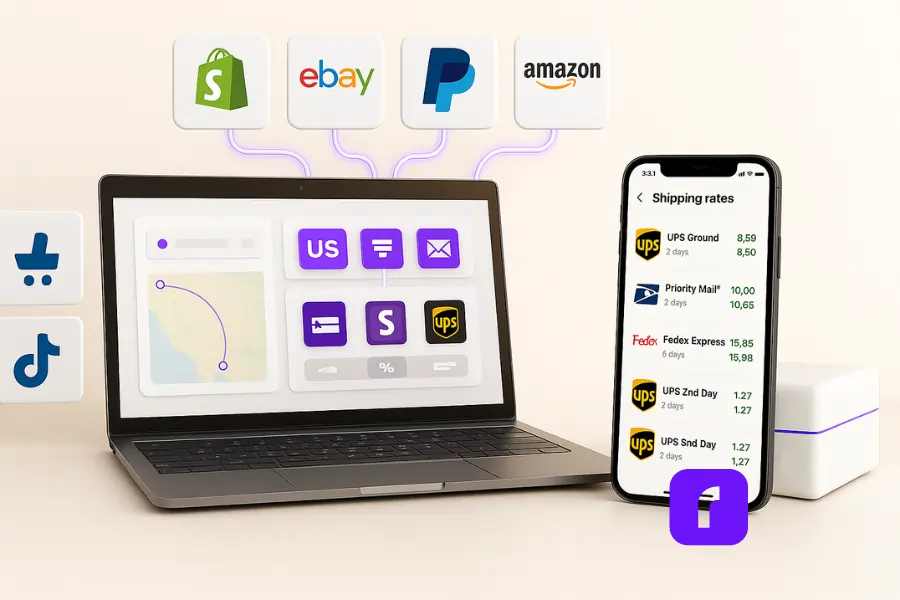 A photorealistic digital image depicting modern eCommerce shipping software in action. A laptop on the left shows a simplified dashboard interface with a shipping map and stylized icons for shipping carriers (USPS, FedEx, UPS) and features like order syncing and label printing. Above the laptop, glowing lines connect sales platform icons—including Shopify, eBay, PayPal, and Amazon—symbolizing seamless sales channel integration. On the right, a smartphone screen displays real-time shipping rates from major carriers. A compact thermal label printer sits nearby, reinforcing the theme of fast, efficient order fulfillment. The scene is set against a clean, minimalist white background with soft purple accents.