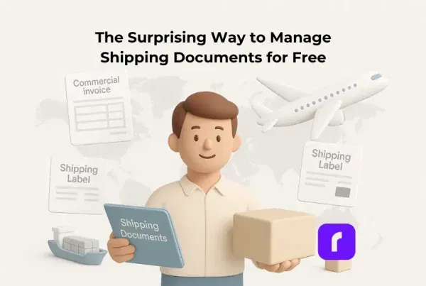 A 3D digital illustration shows a smiling small business owner holding a folder labeled “Shipping Documents” and a package. Floating around them are stylized commercial invoices, packing slips, customs forms, and shipping labels. The background features a world map, an airplane, and a cargo ship, representing global shipping. The phrase “Manage Shipping Documents for Free” is prominently displayed in soft, modern typography. The image uses a minimalist design with soft pastel tones, smooth rounded shapes, and a clean, uncluttered layout.