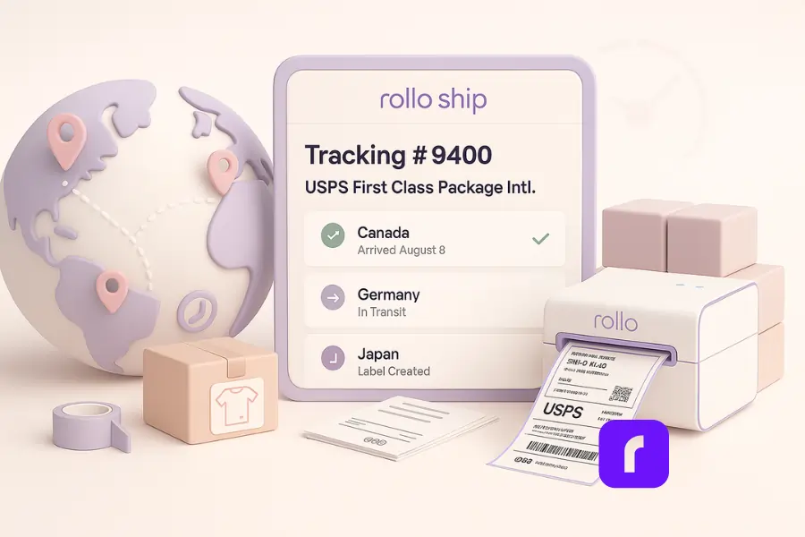 3D illustration of Rollo Ship’s international package tracking system in a soft pastel color scheme. A digital dashboard displays a tracking number and USPS First Class Package International delivery statuses for Canada (“Arrived August 8”), Germany (“In Transit”), and Japan (“Label Created”). A globe with dotted delivery paths connects these countries using stylized pins. A Rollo Wireless Printer prints a shipping label, while stacked parcels, customs forms, and a roll of tape surround the scene—conveying modern, simplified global order tracking.