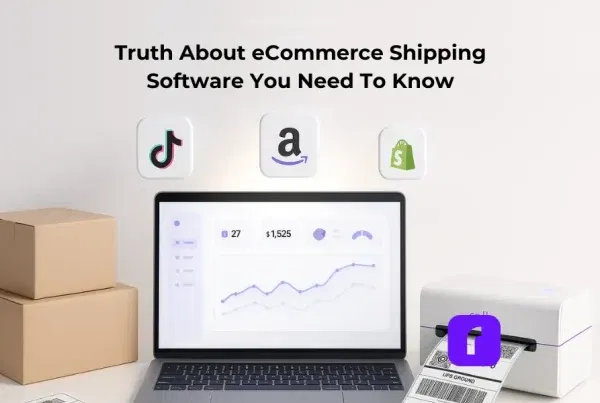 A modern eCommerce workspace featuring a silver laptop displaying a shipping analytics dashboard with graphs and metrics. Cardboard packages sit to the left, and a Rollo wireless thermal printer on the right is actively printing a shipping label. Floating above the laptop are three platform icons—TikTok, Amazon, and Shopify—representing sales channel integrations. The scene is well-lit with a clean white background and includes the title text “Truth About eCommerce Shipping Software You Need To Know” centered at the top.
