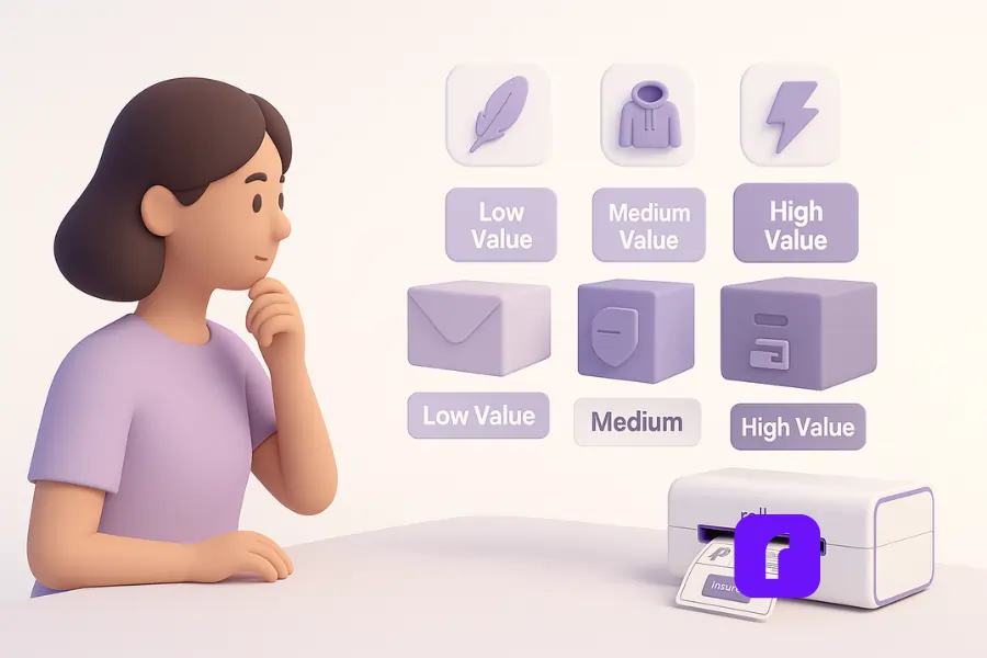 A 3D-rendered digital illustration in soft pastel colors shows a stylized eCommerce seller comparing three floating package types—a small envelope, a mid-size hoodie box, and a large electronics box. Each package is paired with an icon symbolizing different shipping tiers: a feather for lightweight/slow, a shield for insured, and a lightning bolt for fast/express. A Rollo Wireless Printer sits on a minimalist desk nearby, reinforcing the shipping context. The scene is clean, balanced, and features floating UI panels labeled “Low Value,” “Medium Value,” and “High Value.”