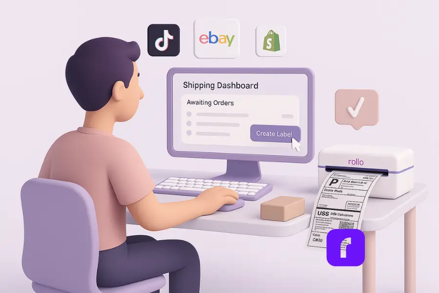 Minimalist 3D illustration of an eCommerce seller using Rollo Ship to sync and fulfill TikTok Shop, eBay, and Shopify international orders. The scene features a stylized workspace with a Rollo Wireless Printer, floating shipping dashboards, customs form panels, and marketplace icons, all rendered in soft pastel colors with smooth, rounded elements.
