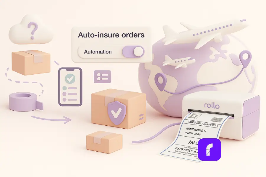 **Image Alt Text:**3D-rendered digital illustration of a Rollo Wireless Printer printing a corrected USPS international shipping label. The scene uses a soft pastel color palette and minimalist design, featuring rounded shapes and matte textures. A stylized package sits beside the printer, with floating UI panels displaying accurate shipping information. The updated label text is clearly visible, reinforcing the theme of international shipping accuracy for small eCommerce sellers.