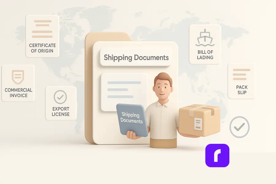 A 3D digital illustration in a soft pastel color palette shows a shipping documents folder with a label, surrounded by simplified document icons labeled Commercial Invoice, Certificate of Origin, Bill of Lading, Pack Slip, and Export License. A smiling character holds a shipping document and a package, while a world map in the background suggests global trade. A customs stamp/checkmark icon indicates customs clearance. The scene emphasizes the essential role of shipping documents in global trade with a clean, minimalist design.