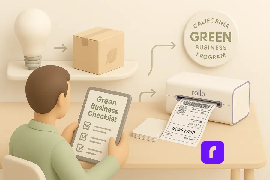 Minimalist 3D scene of an SMB owner reviewing a “Green Business Checklist” on a tablet at a light‑wood desk, with an LED bulb, leaf‑marked box, and white‑and‑purple Rollo printer printing a label—all linked by arrows to a circular “California Green Business Program” badge, symbolizing eco‑upgrades and certification.