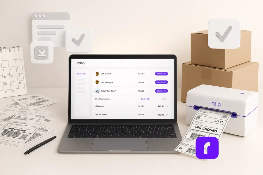 A photorealistic split-screen image of a small business shipping workspace. On the left side, a cluttered manual setup shows scattered shipping labels, a pen, and a wall calendar. On the right side, an efficient automated setup features a Rollo wireless thermal printer actively printing a label, a stack of cardboard boxes, and a laptop displaying shipping rate options and carriers from Rollo Ship. Floating UI icons above the workspace represent streamlined digital processes. The scene is set against a clean, softly lit white background with modern textures and minimalist design.