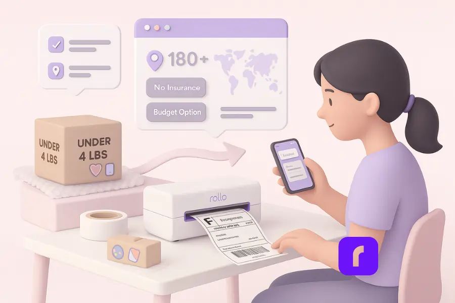 3D illustration of a small eCommerce seller preparing a lightweight international shipment using USPS First Class Package International. The seller sits at a minimalist desk with a Rollo Wireless Printer printing a shipping label. Nearby are a package labeled "UNDER 4 LBS," bubble wrap, packing tape, and product icons like enamel pins. Floating UI panels display a tracking log, a map showing 180+ destination countries, and a tag labeled “No Insurance / Budget Option.” The scene is rendered in soft pastels with a clean, modern style.