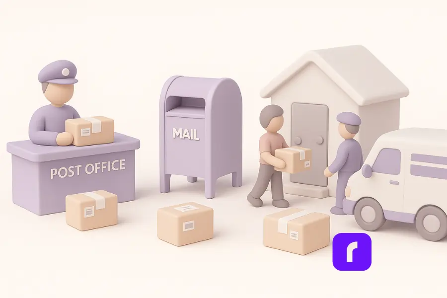 A minimalist 3D-rendered digital illustration showing three USPS drop-off methods: a customer handing packages to a clerk at a post office counter, a prepaid package being placed in a blue street mailbox, and a mail carrier walking up to a house as an online seller waits at the door with a package for scheduled pickup. The scene uses soft pastel colors and clean, stylized shapes to represent modern eCommerce shipping options.