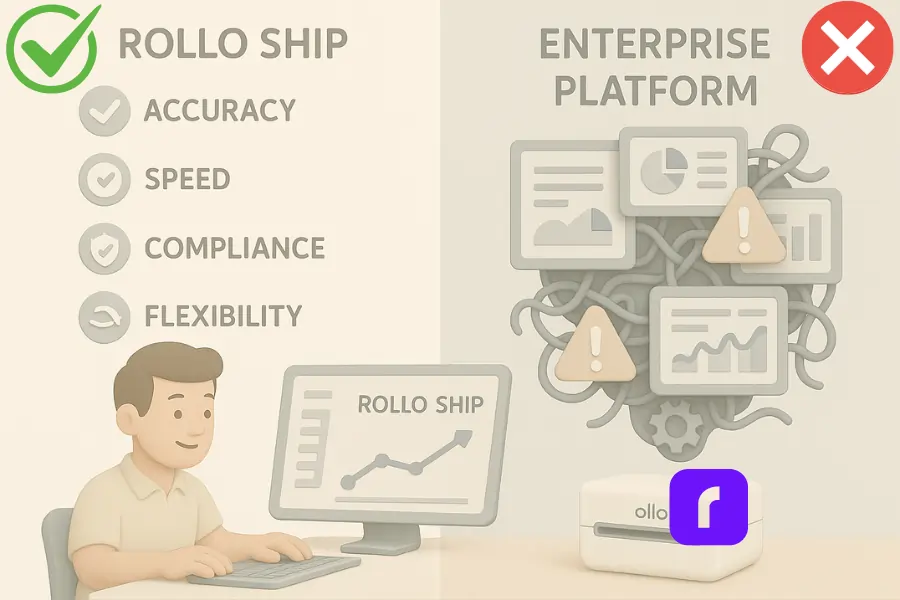 A split-screen 3D-style illustration comparing Rollo Ship with an enterprise platform. The left side shows a smiling small business owner using Rollo Ship on a computer, with icons representing accuracy, speed, compliance, and flexibility. The right side depicts a chaotic, tangled mess of graphs, charts, and warning symbols to illustrate the complexity of an enterprise platform. The Rollo Ship side uses soft pastel tones, while the enterprise side features muted, cluttered visuals for contrast