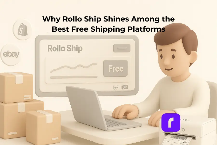 A 3D-rendered minimalist illustration of a small business owner using a laptop in a clean, pastel-colored home workspace. The scene features a Rollo wireless printer printing a 4×6 shipping label, cardboard boxes stacked nearby, and a large display showing the Rollo Ship dashboard. Icons for Shopify, eBay, and TikTok float above, along with "Free Shipping" text and subtle visual cues for USPS and UPS integration. The layout emphasizes simplicity, efficiency, and affordability.