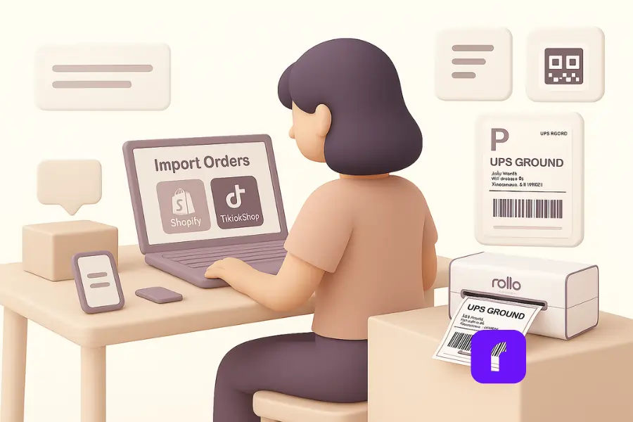 A minimalist 3D illustration of a woman using Rollo Ship to create shipping label for UPS from her laptop. The clean workspace features soft pastel tones, a Rollo Wireless Printer printing a 4×6 UPS Ground label, and a simplified dashboard with floating panels that represent multi-channel order management and mobile-friendly label pickup.