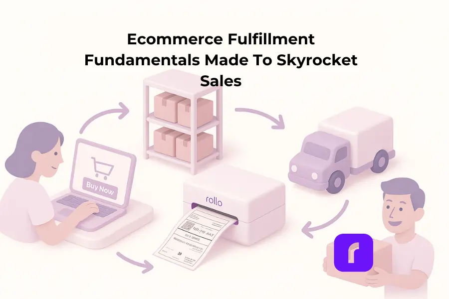 Minimalist 3D illustration of the ecommerce fulfillment process showing a shopper clicking ‘Buy Now’ on a laptop, inventory shelves with boxes, a Rollo Wireless Printer printing a shipping label, a delivery truck, and a happy customer receiving a package, all connected with arrows to represent a seamless workflow.