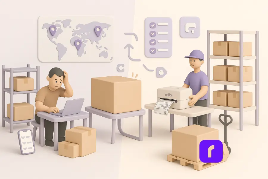 3D minimalist illustration showing the transition from DIY ecommerce fulfillment to scalable operations. On the left, a stressed seller works in a cluttered garage surrounded by scattered boxes and a laptop. On the right, a professional warehouse setup features organized shelves, a worker using a Rollo Wireless Printer at a packing station, and a pallet jack with a packed box — visually highlighting the shift from small-scale to efficient fulfillment operations.