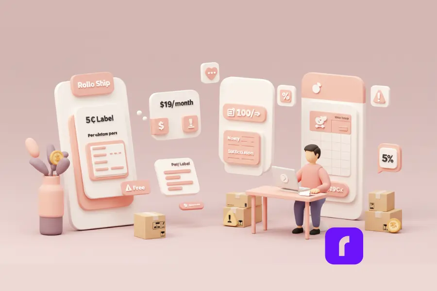 3D clay-style illustration comparing pricing models for shipping software, featuring a seller at a desk surrounded by large floating panels for Rollo Ship, ShipStation, and other platforms. The panels display cost types like “5¢ per label,” “$19/month,” and percentage markups, visually representing the hidden fees and pricing transparency of various free shipping software options.