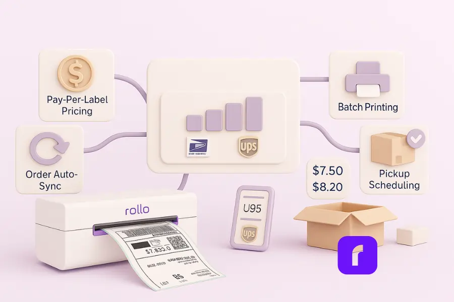 3D illustration of a minimalist shipping label software dashboard surrounded by floating panels labeled “Pay-Per-Label Pricing,” “Order Auto-Sync,” “Batch Printing,” and “Pickup Scheduling.” At the bottom left, a Rollo wireless printer prints a shipping label. The panels are connected by soft lavender lines against a pastel background, with clean icons like dollar signs, printer symbols, and cardboard boxes, representing cost-saving shipping features.