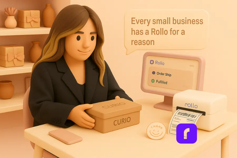 3D clay-style illustration of a female eCommerce seller with highlighted wavy hair using her phone at a minimalist workspace, surrounded by product boxes and a Rollo wireless printer printing a shipping label. Floating UI panels show order tracking and shipping rates, illustrating seamless, multi-channel order fulfillment using Rollo Ship.