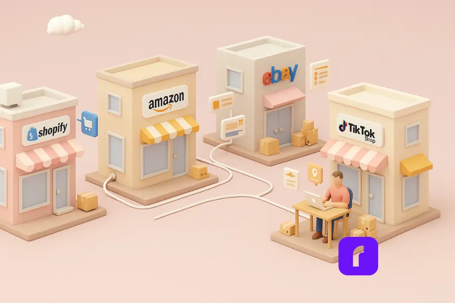 3D clay-style illustration of four storefronts—Shopify, Amazon, eBay, and TikTok Shop—lined up along a pastel-colored street, each connected by a white cable to a business owner working on a laptop. The scene visually represents multi-channel eCommerce integration using free shipping software, with parcels and digital elements symbolizing order syncing and centralized fulfillment.
