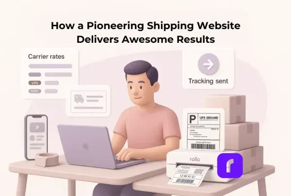 3D-rendered digital illustration of a small business owner using a modern shipping website. The scene shows the person working at a minimalist desk with a lavender laptop, a Rollo wireless printer actively printing a shipping label, and floating UI panels displaying carrier rate comparisons, tracking updates, and shipping details. Surrounding elements include stacked cardboard boxes, a smartphone with a shipping dashboard, packing tape, and a clean e-commerce studio backdrop. The title above reads: “How a Pioneering Shipping Website Delivers Awesome Results.”