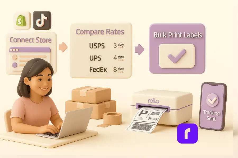 3D-rendered digital illustration of a step-by-step e-commerce shipping process featuring an Asian-American woman at a minimalist desk using a laptop. The visual includes floating UI panels labeled “Connect Store” (with Shopify and TikTok logos), “Compare Rates” (with accurate USPS, UPS, and FedEx logos), “Bulk Print Labels,” and “Tracking Sent.” Nearby, a Rollo Wireless Printer prints a thermal shipping label, while packing tape, stacked parcels, and a smartphone reinforce a streamlined, modern fulfillment workflow. The design uses soft pastel tones and a clean, modern aesthetic to convey ease and efficiency.
