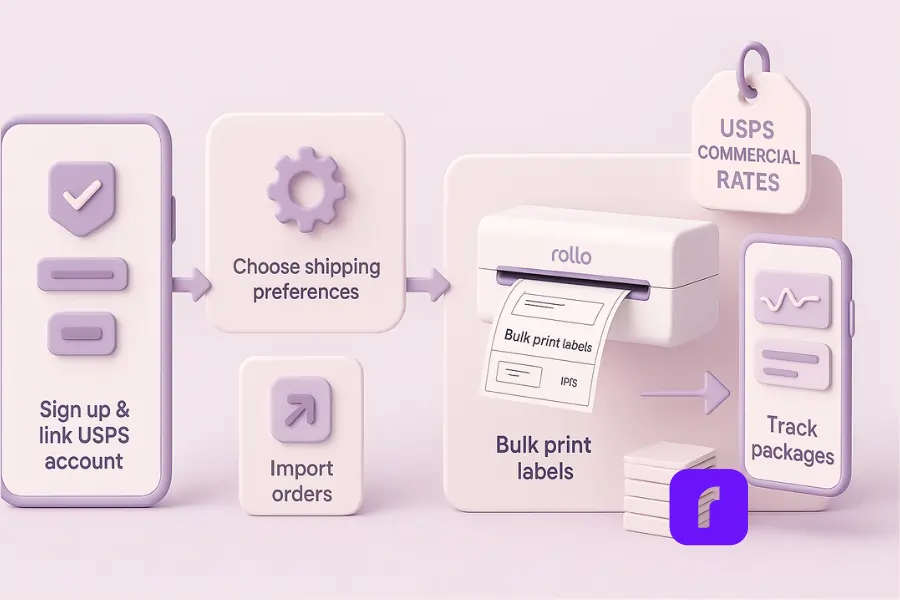 3D illustration showing a step-by-step flowchart of how small businesses can unlock USPS commercial rates using Rollo Ship. The pastel scene features five labeled steps connected by arrows: “Sign up & link USPS account,” “Choose shipping preferences,” “Import orders,” “Bulk print labels” (shown on a Rollo Wireless Printer), and “Track packages.” A USPS Commercial Rates tag hangs beside the printer. Each step is represented with clean icons, soft rounded panels, and a modern minimalist design.