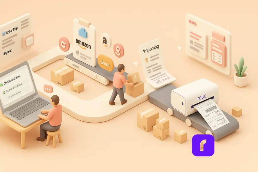 3D clay-style illustration showing a step-by-step Rollo Ship workflow: a seller signs up on a laptop displaying the Rollo Ship dashboard, connects to sales channels like Amazon and Shopify, imports orders, and prints shipping labels using a Rollo wireless printer. The scene is laid out along a smooth conveyor path with pastel tones and stylized icons representing streamlined eCommerce fulfillment.