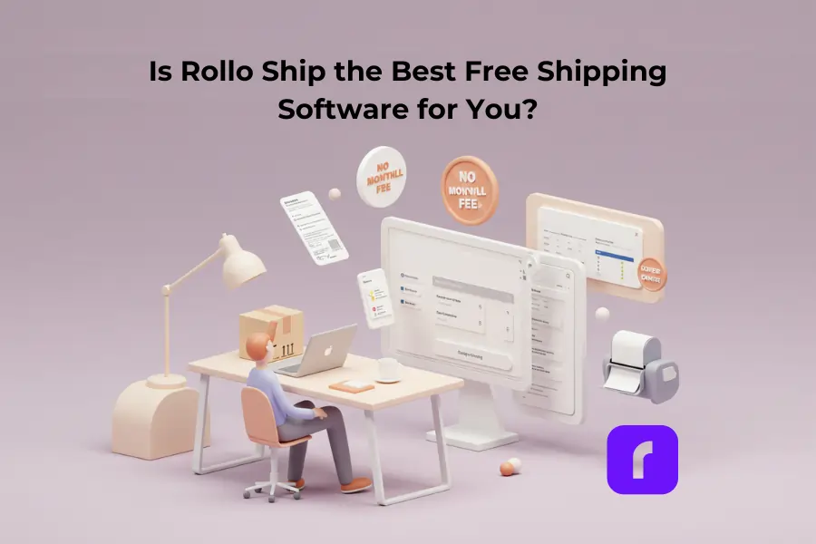 3D clay-style illustration of an eCommerce seller at a desk using Rollo Ship software, surrounded by floating UI panels, shipping labels, a thermal printer, and badges reading “No Monthly Fee.” The scene emphasizes the benefits of free shipping software in a modern, minimalist workspace with soft pastel tones and the Rollo logo displayed.