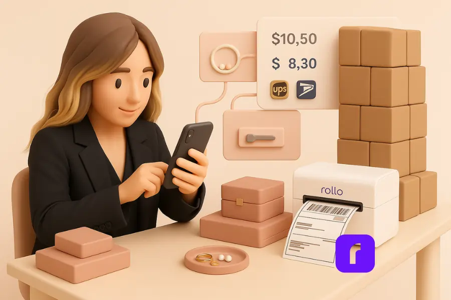 3D clay-style illustration of a female small business owner with highlighted wavy hair wearing an oversized black suit, sitting at a minimalist desk using her smartphone. A white Rollo wireless printer prints a shipping label beside her, surrounded by stacked shipping boxes, jewelry packaging, and floating interface panels showing rate comparisons and carrier icons (UPS and USPS). The scene is styled in soft pastel tones, evoking a calm, tech-savvy workspace.