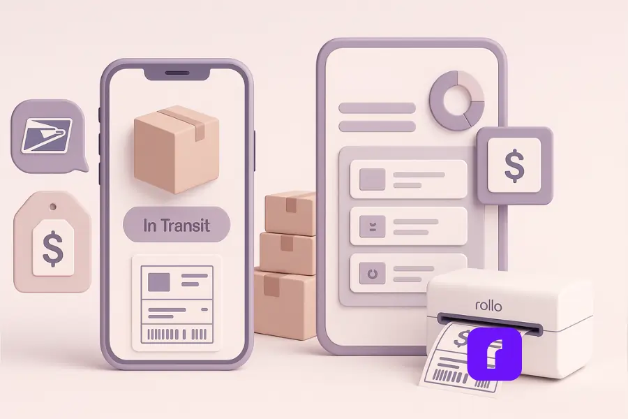 3D illustration comparing the USPS app for single shipments with Rollo Ship for high-volume business shipping. On the left, a smartphone displays the USPS app with a single package icon, an “In Transit” status bubble, and a shipping label. On the right, a Rollo Ship dashboard shows multiple orders, a pie chart, a dollar icon, and a Rollo Wireless Printer printing a batch label. The scene uses soft pastel tones and clean UI elements to highlight the contrast between personal and business shipping solutions.