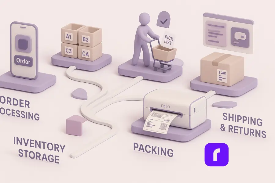 3D minimalist illustration showing the five key steps of the ecommerce fulfillment process, arranged along a floating assembly line path: order processing on a smartphone, inventory storage with labeled bins, a picker selecting items into a cart, packing with a Rollo Wireless Printer producing shipping labels, and shipping & returns with a tracked package — visually mapping the complete ecommerce fulfillment workflow.