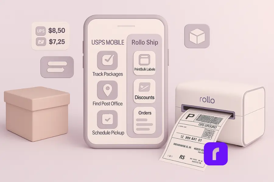 Minimalist 3D illustration of a smartphone screen split between USPS Mobile® app (showing options like Track Packages, Find Post Office, Schedule Pickup) and Rollo Ship dashboard (with Print Bulk Labels, Discounts, Orders). A soft pastel Rollo Wireless Printer prints a shipping label on the right, with a blush pink package and floating rate comparison icons on the left. The scene uses soft pastel colors, clean UI panels, and ample negative space to contrast personal shipping with business bulk shipping.