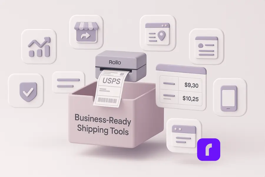 3D-rendered illustration of a pastel-colored open box labeled “Business-Ready Shipping Tools” with a Rollo wireless printer on top printing a USPS label. Surrounding the box are eight floating icons representing shipping features: analytics graph, returns symbol, tracking page, address validation checkmark, eCommerce sync, rate comparison chart, order management, and mobile device, all in soft pastel tones with a clean, minimalist design.