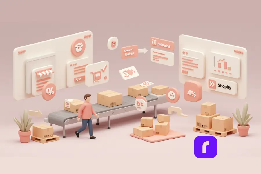 3D clay-style illustration of a shipping fulfillment scene with a character managing packages on a conveyor belt, surrounded by floating UI panels showing shipping rates, discounts, Shopify integration, and analytics. The visual represents how free shipping software automates workflows, reduces costs, and streamlines order processing for growing eCommerce businesses.