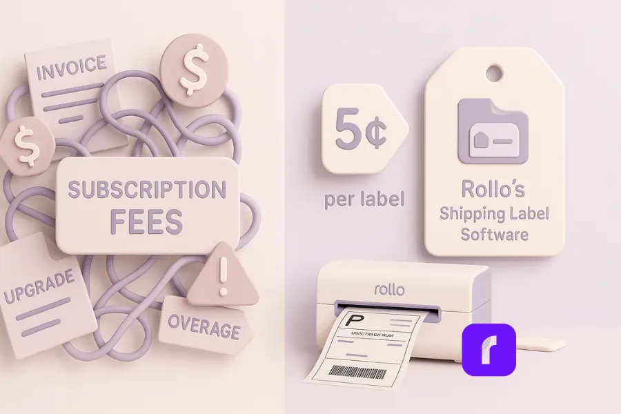 3D split-screen illustration contrasting subscription fees and pay-per-label shipping software. The left side shows a tangled mess of pastel icons—dollar signs, invoices, upgrade alerts, and overage notices—labeled “Subscription Fees.” The right side features a clean price tag reading “5¢ per label,” a tag icon labeled “Rollo’s Shipping Label Software,” and a Rollo wireless printer printing a shipping label. The design uses soft pastel colors, rounded shapes, and minimalist style to symbolize breaking free from hidden fees with simple, transparent pricing.