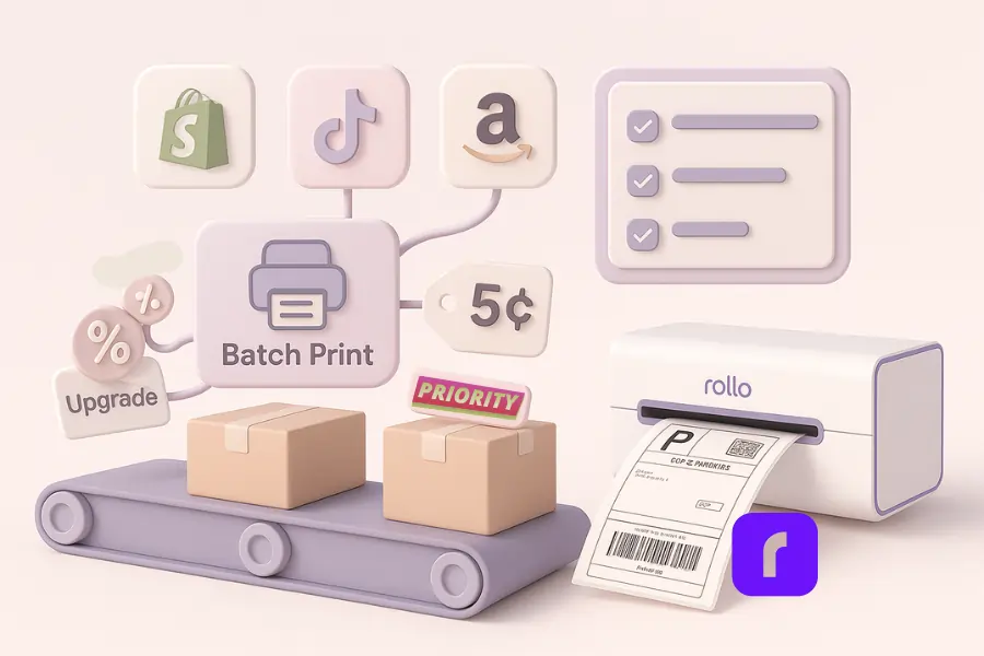 3D illustration of an automated shipping workflow with a conveyor belt moving labeled boxes beneath a floating “Batch Print” icon. Above the belt, integration icons for Shopify, TikTok, and Amazon connect to the print function, symbolizing seamless order syncing. To the right, a Rollo wireless printer prints a USPS shipping label. Additional floating icons represent order checklists, rate discounts, and automation features. The scene uses a soft pastel color palette with lavender, blush, and beige tones in a clean, minimalist design emphasizing efficiency and time savings.