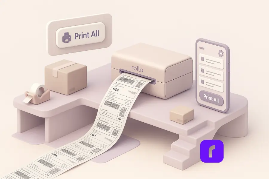 3D illustration of a high-volume batch printing scene featuring a Rollo wireless label printer continuously printing a long strip of shipping labels that cascades down a pastel lavender desk and stretches across the floor. A floating “Print All” button and a smartphone screen with a batch print dashboard emphasize automation. The setup includes packing materials like boxes and a tape dispenser, with a soft pastel palette of lavender, blush pink, and taupe, representing streamlined bulk shipping and efficient label printing with Rollo’s software.